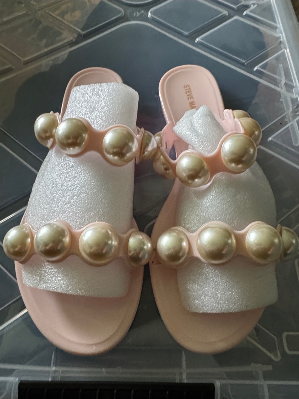 Steve Madden Pink Pearl-Embellished Slide Sandals